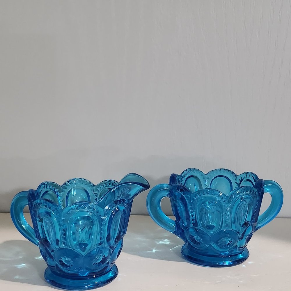 Vintage LE Smith Moon and Stars Blue Creamer and Sugar Set